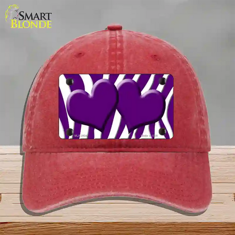 Purple White Zebra Purple Centered Hearts Novelty License Plate Hat Unconstructed Cotton / Red