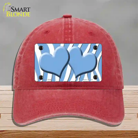 Light Blue White Zebra Light Blue Centered Hearts Novelty License Plate Hat Unconstructed Cotton / Red