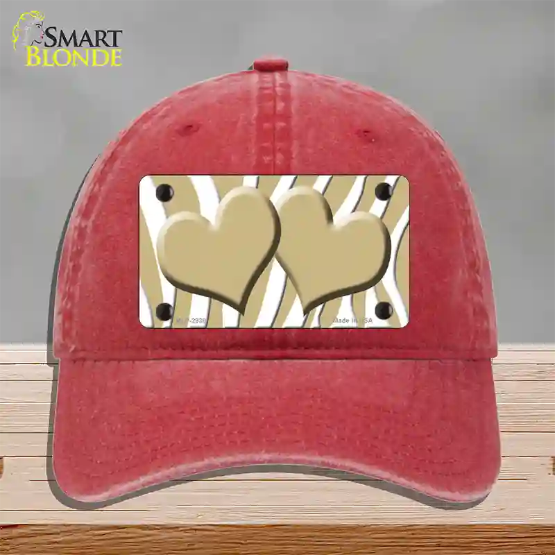 Gold White Zebra Gold Centered Hearts Novelty License Plate Hat Unconstructed Cotton / Red