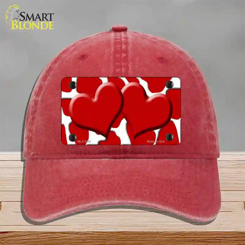 Red White Giraffe Red Centered Hearts Novelty License Plate Hat Unconstructed Cotton / Red