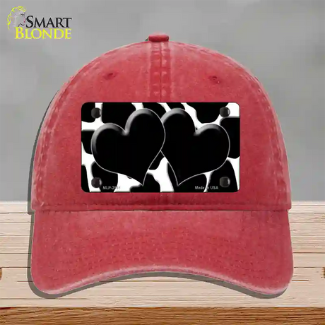 Black White Giraffe Black Centered Hearts Novelty License Plate Hat Unconstructed Cotton / Red