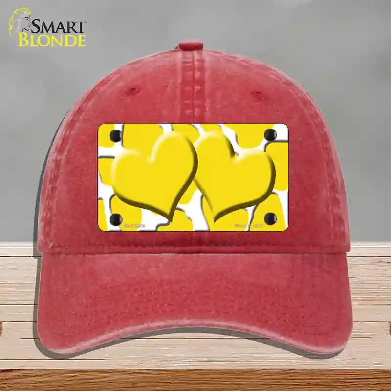 Yellow White Giraffe Yellow Centered Hearts Novelty License Plate Hat Unconstructed Cotton / Red