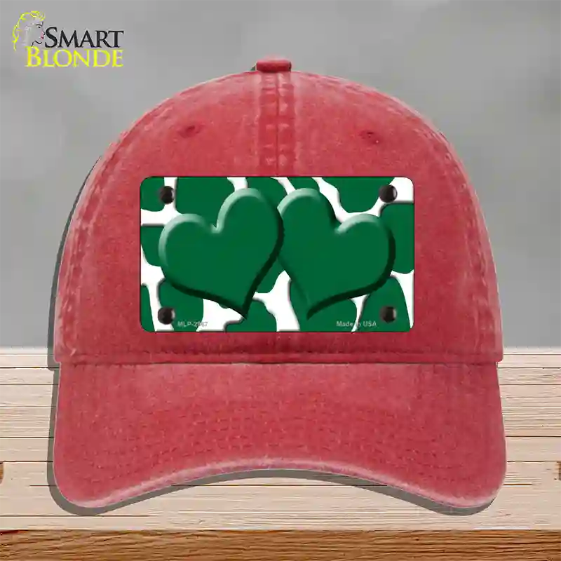 Green White Giraffe Green Centered Hearts Novelty License Plate Hat Unconstructed Cotton / Red