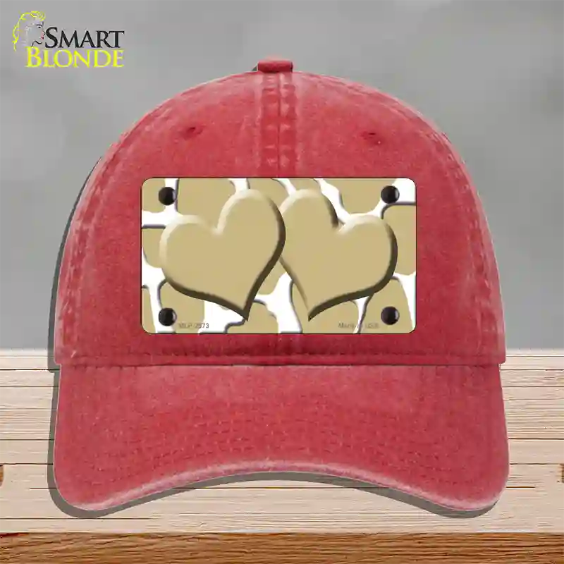 Gold White Giraffe Gold Centered Hearts Novelty License Plate Hat Unconstructed Cotton / Red