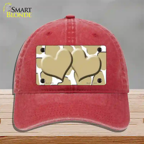 Gold White Giraffe Gold Centered Hearts Novelty License Plate Hat Unconstructed Cotton / Red