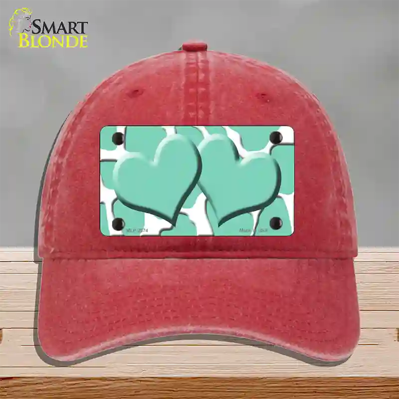 Mint White Giraffe Mint Centered Hearts Novelty License Plate Hat Unconstructed Cotton / Red