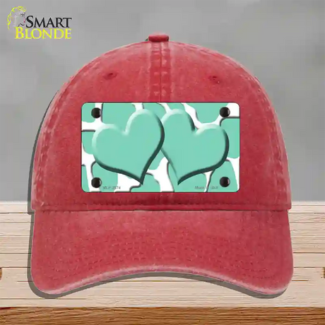 Mint White Giraffe Mint Centered Hearts Novelty License Plate Hat Unconstructed Cotton / Red