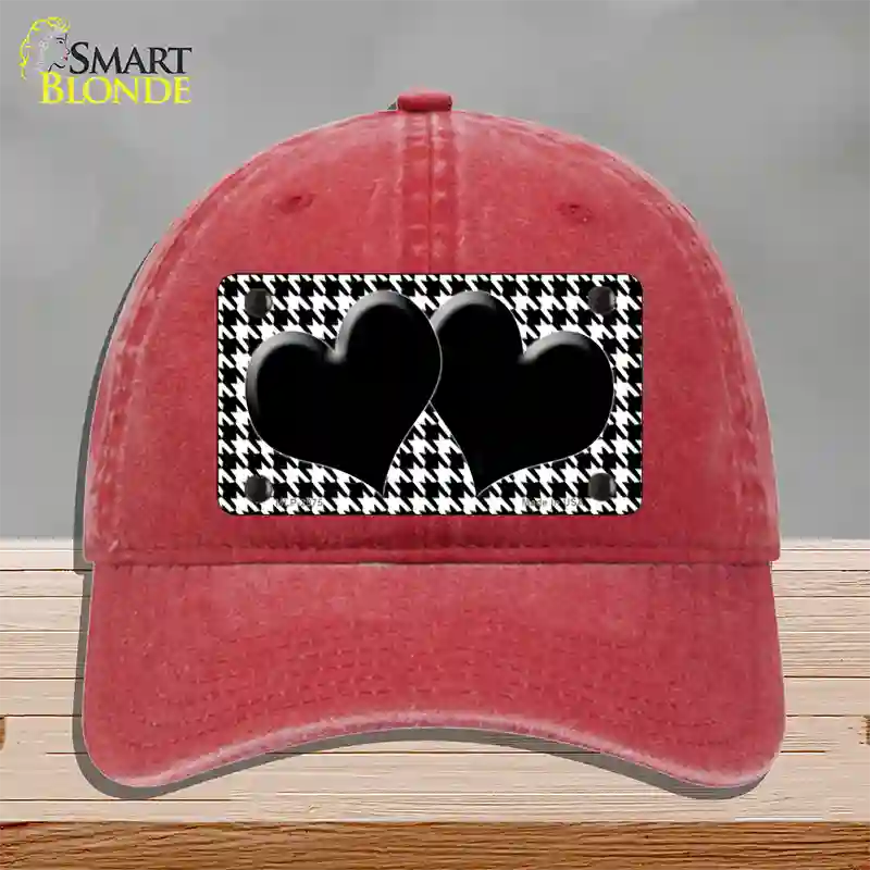 White Black Houndstooth Black Center Hearts Novelty License Plate Hat Unconstructed Cotton / Red