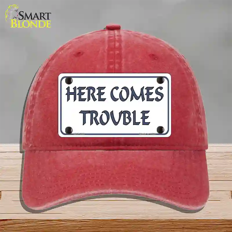 Here Comes Trouble Novelty License Plate Hat Unconstructed Cotton / Red