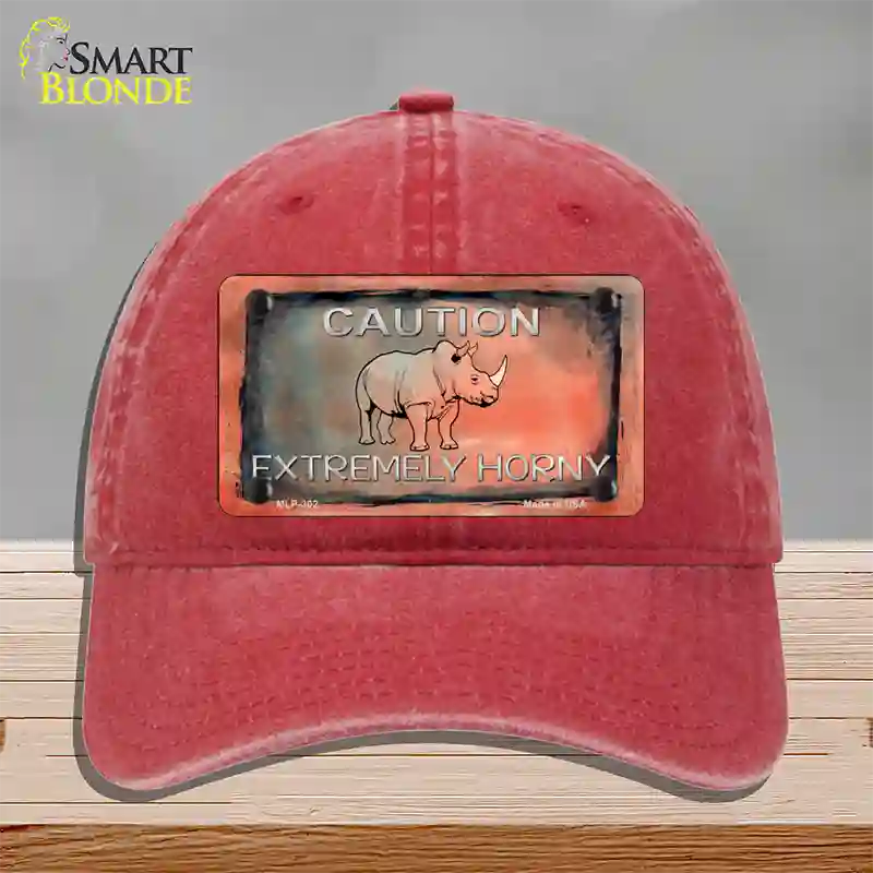 Caution Extremely Horny Novelty License Plate Hat Unconstructed Cotton / Red