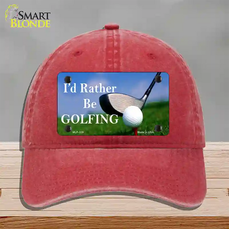 Rather Be Golfing Novelty License Plate Hat Unconstructed Cotton / Red