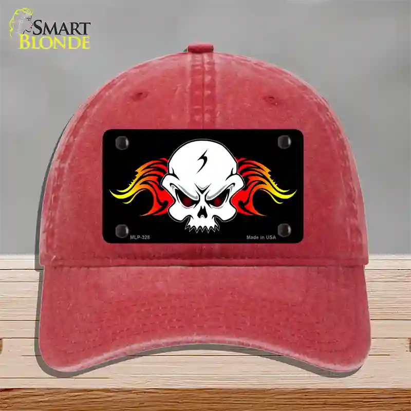 Skull Flame Novelty License Plate Hat Unconstructed Cotton / Red