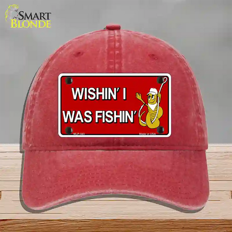 Wishin I Was Fishin Red Novelty License Plate Hat Unconstructed Cotton / Red