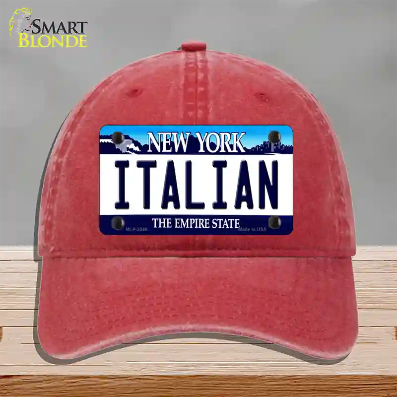 Italian New York Novelty License Plate Hat Unconstructed Cotton / Red