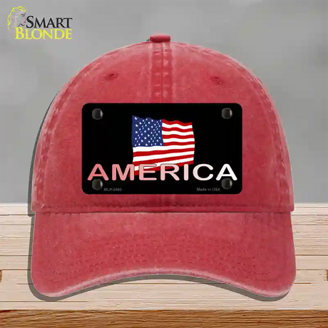 American Flag Black Novelty License Plate Hat Unconstructed Cotton / Red