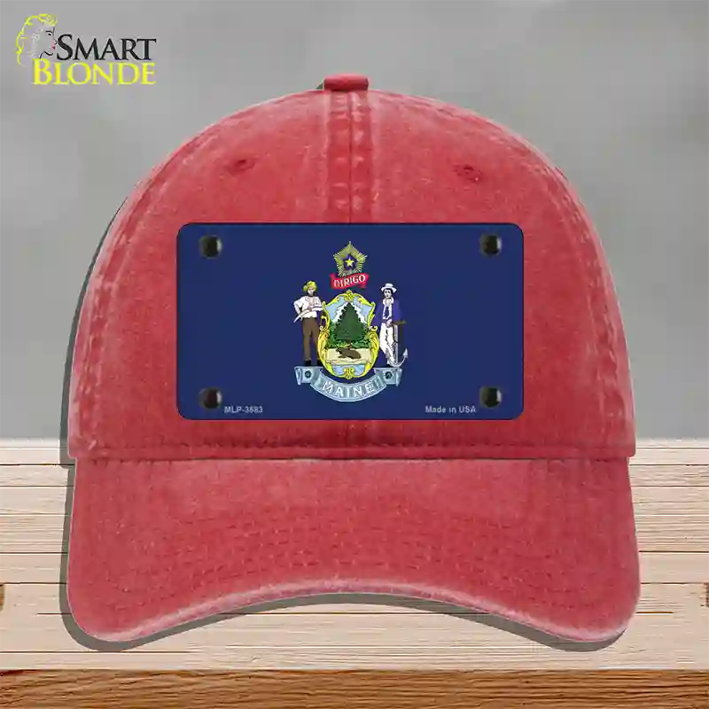 Maine State Flag Novelty License Plate Hat Unconstructed Cotton / Red