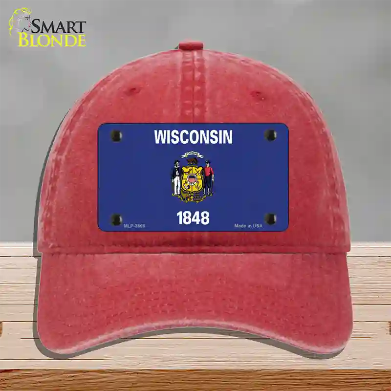 Wisconsin State Flag Novelty License Plate Hat Unconstructed Cotton / Red