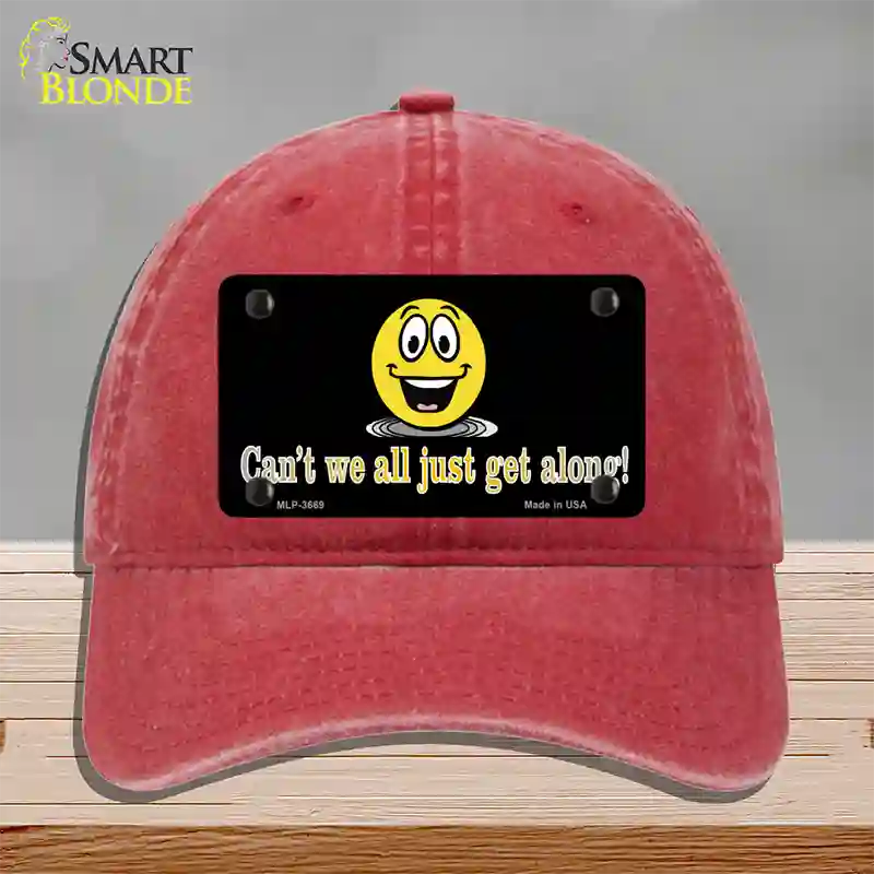 Cant We All Get Along Novelty License Plate Hat Unconstructed Cotton / Red