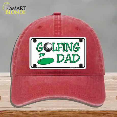 Golfing Dad Novelty License Plate Hat Unconstructed Cotton / Red