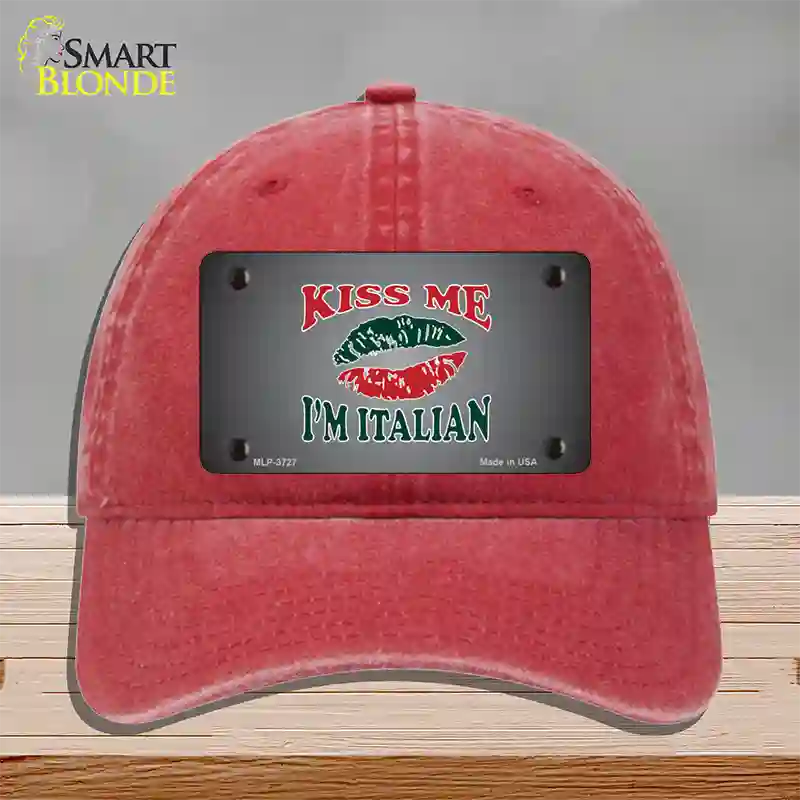 Kiss Me Im Italian Novelty License Plate Hat Unconstructed Cotton / Red