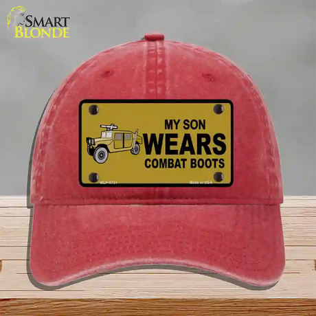 Son Wears Combat Boots Novelty License Plate Hat Unconstructed Cotton / Red