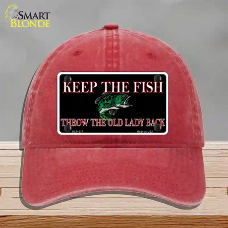 Keep the Fish Novelty License Plate Hat Unconstructed Cotton / Red