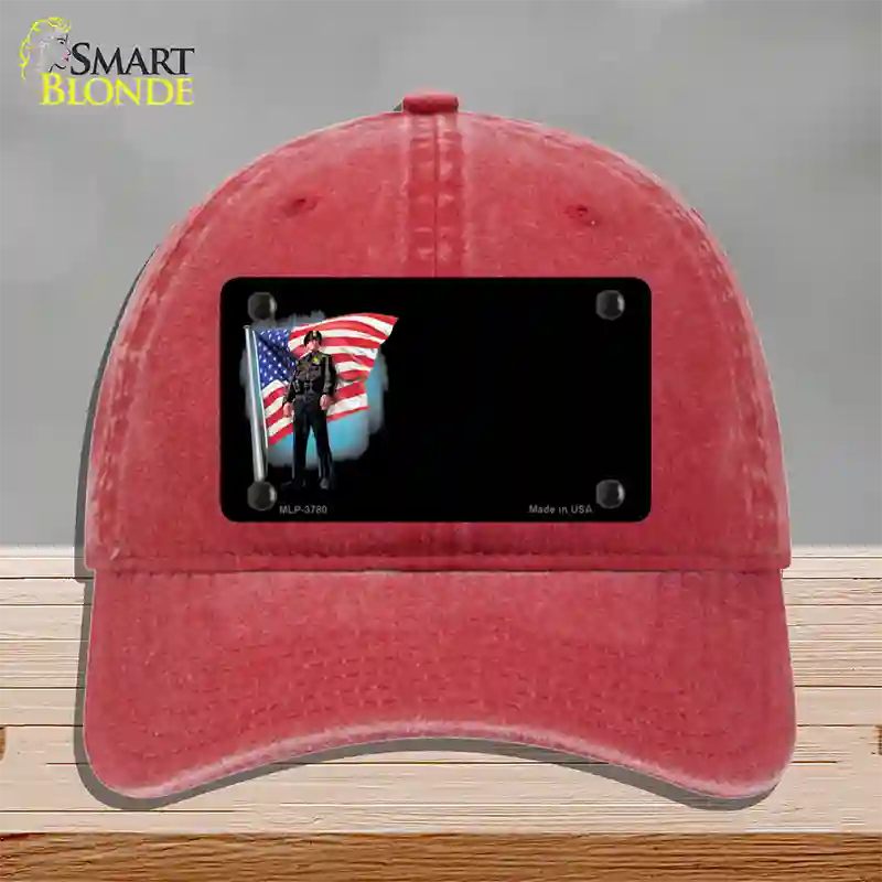 Police Officer American Flag Offset Novelty License Plate Hat Unconstructed Cotton / Red