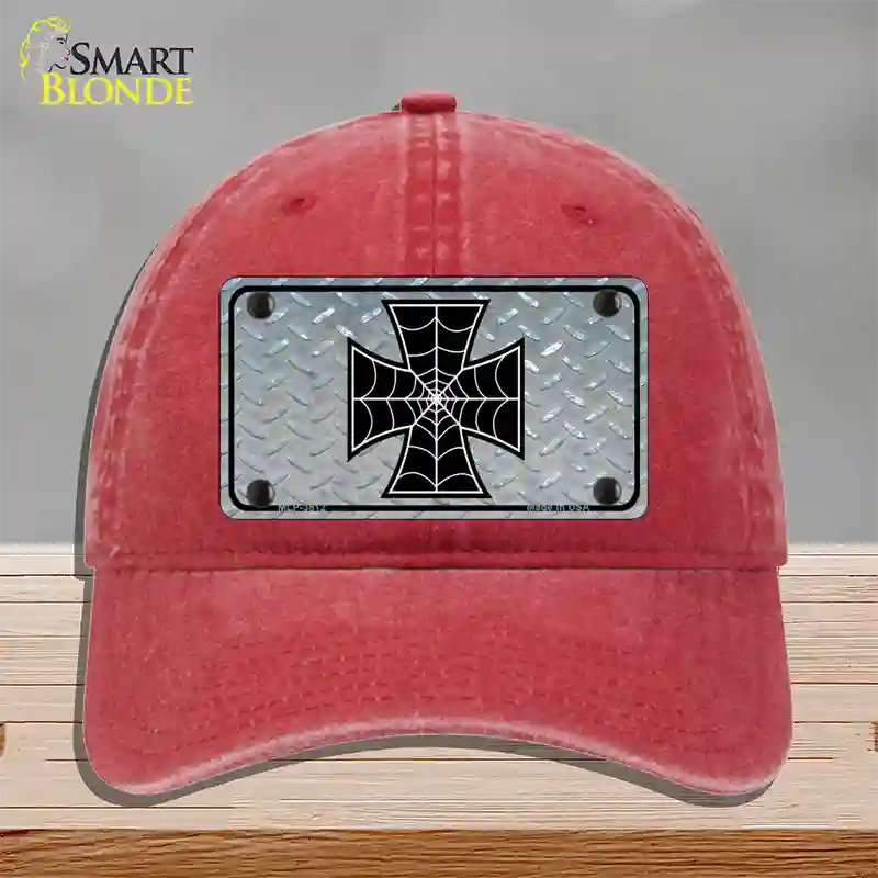 Maltese Cross Spider Web Novelty License Plate Hat Unconstructed Cotton / Red