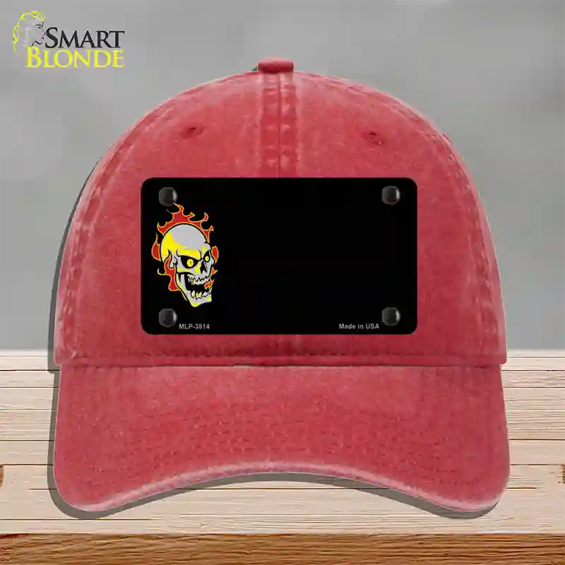 Flaming Skull Offset Novelty License Plate Hat Unconstructed Cotton / Red