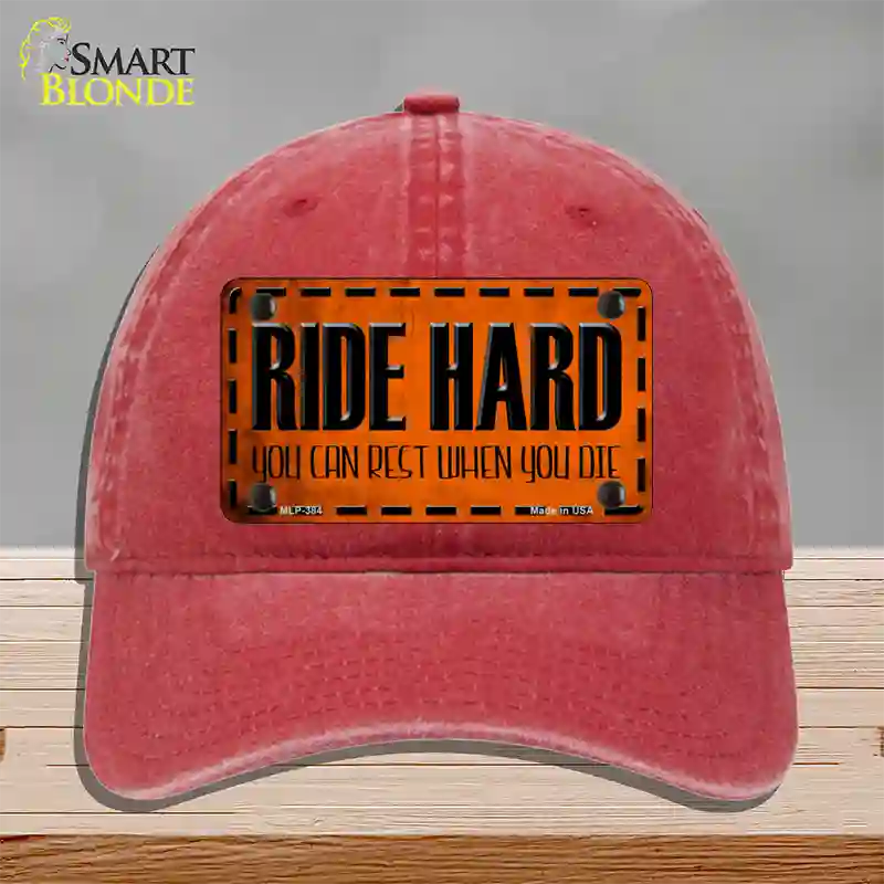 Ride Hard Novelty License Plate Hat Unconstructed Cotton / Red