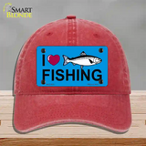 I Love Fishing Novelty License Plate Hat Unconstructed Cotton / Red