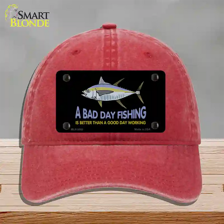 A Bad Day Fishing Novelty License Plate Hat Unconstructed Cotton / Red