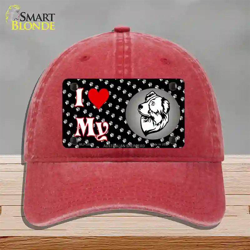 I Love My Australian Shepherd Novelty License Plate Hat Unconstructed Cotton / Red
