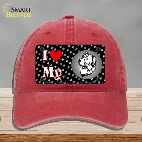 I Love My Australian Shepherd Novelty License Plate Hat Unconstructed Cotton / Red