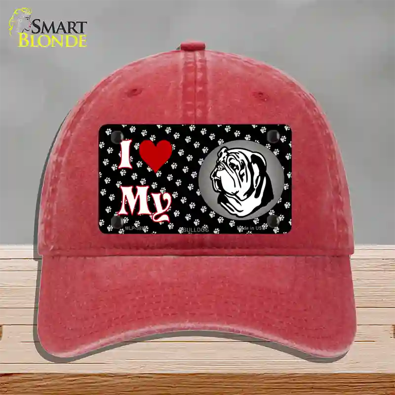 I Love My Bulldog Novelty License Plate Hat Unconstructed Cotton / Red