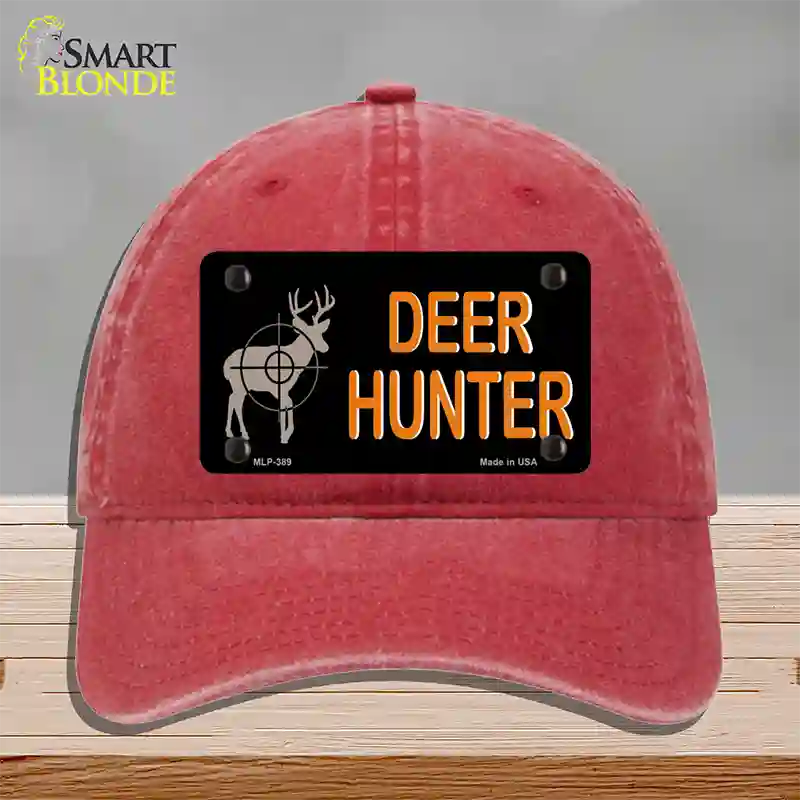 Deer Hunter Novelty License Plate Hat Unconstructed Cotton / Red