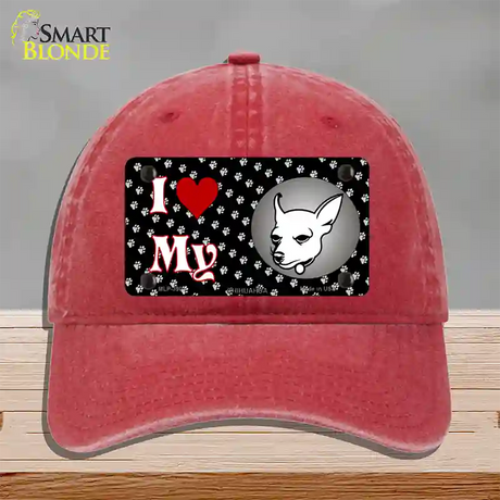 I Love My Chihuahua Novelty License Plate Hat Unconstructed Cotton / Red