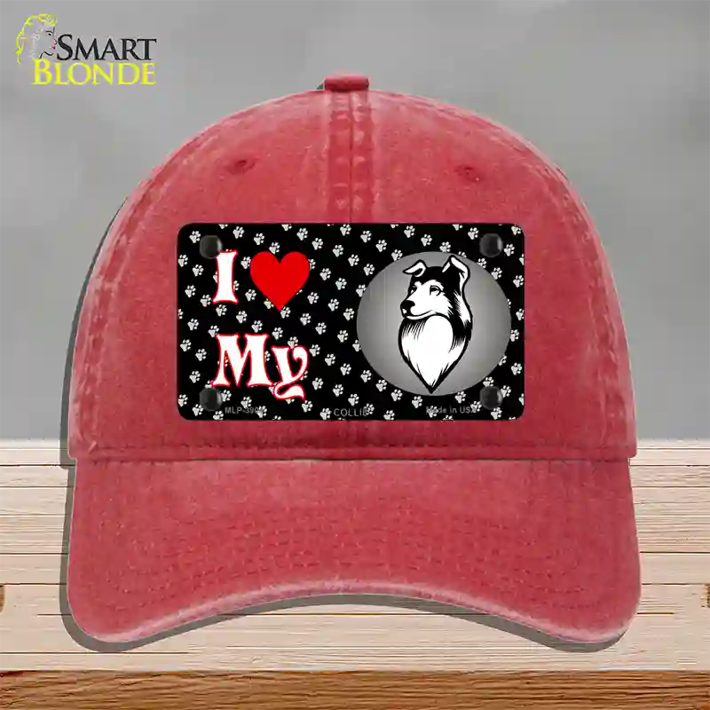 I Love My Collie Novelty License Plate Hat Unconstructed Cotton / Red