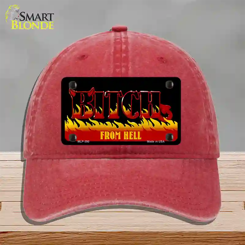 Bitch From Hell Flames Novelty License Plate Hat Unconstructed Cotton / Red