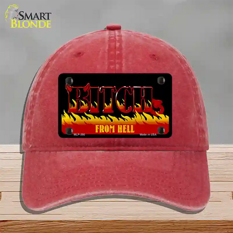 Bitch From Hell Flames Novelty License Plate Hat Unconstructed Cotton / Red