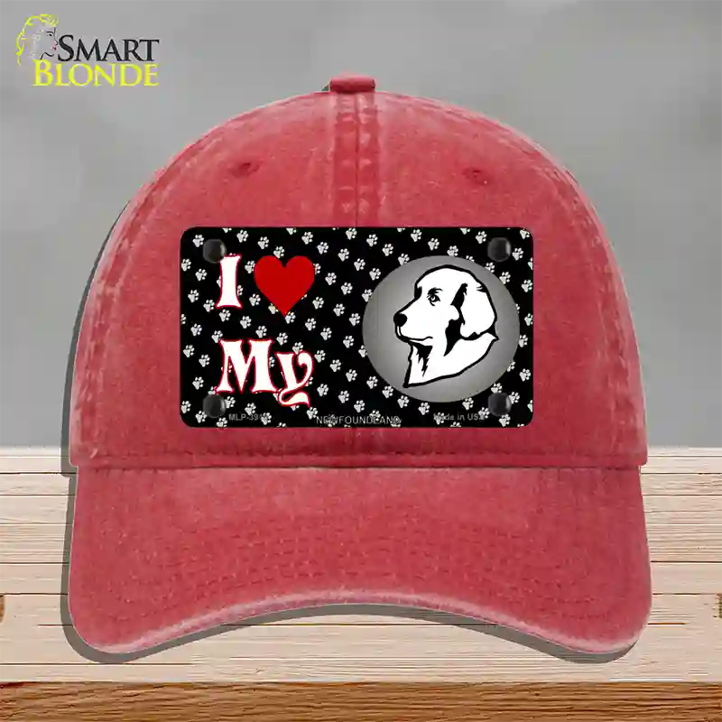 I Love My Newfoundland Novelty License Plate Hat Unconstructed Cotton / Red