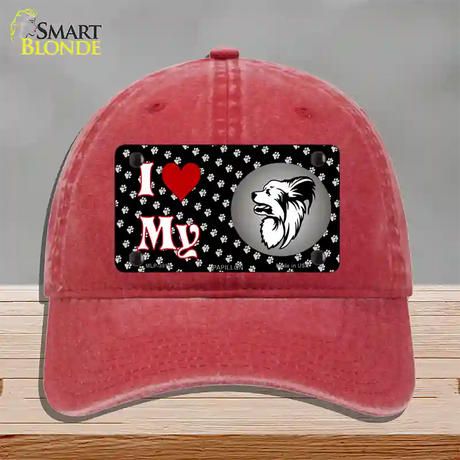 I Love My Papillon Novelty License Plate Hat Unconstructed Cotton / Red