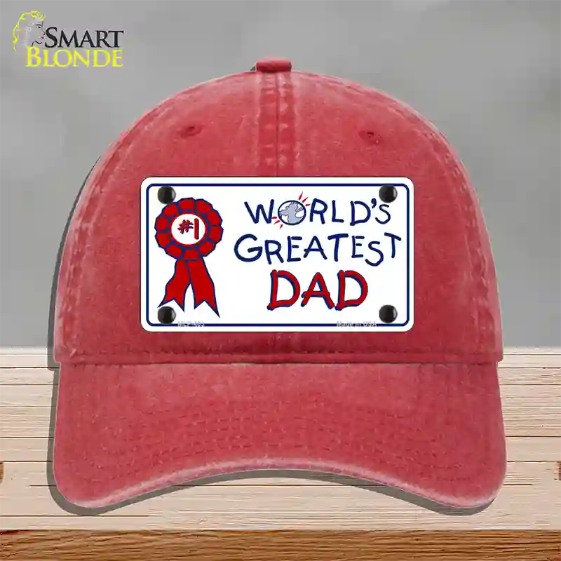 Worlds Greatest Dad Novelty License Plate Hat Unconstructed Cotton / Red