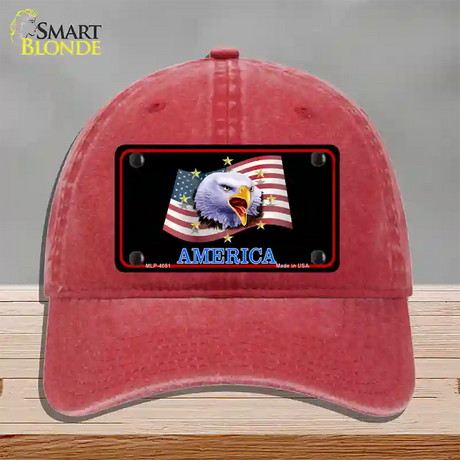 Waving Flag Bald Eagle Black Novelty License Plate Hat Unconstructed Cotton / Red