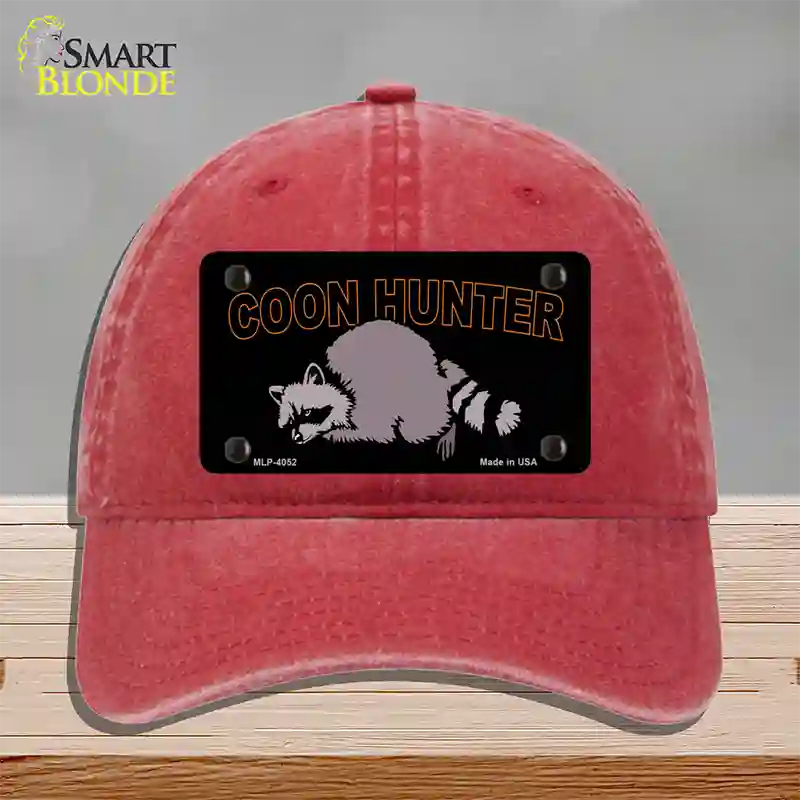 Coon Hunter Novelty License Plate Hat Unconstructed Cotton / Red