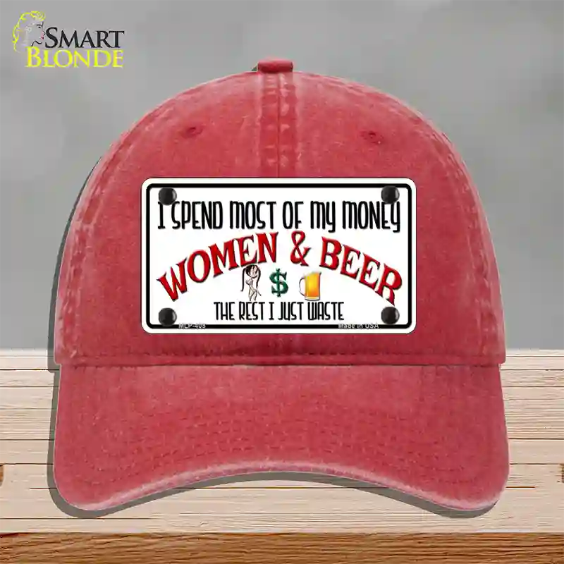 Money On Women And Beer Novelty License Plate Hat Unconstructed Cotton / Red