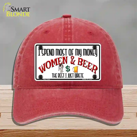 Money On Women And Beer Novelty License Plate Hat Unconstructed Cotton / Red