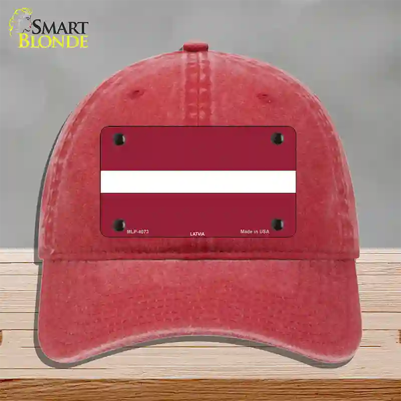 Latvia Flag Novelty License Plate Hat Unconstructed Cotton / Red