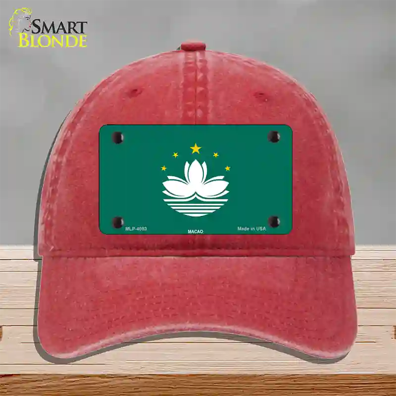 Macao Flag Novelty License Plate Hat Unconstructed Cotton / Red