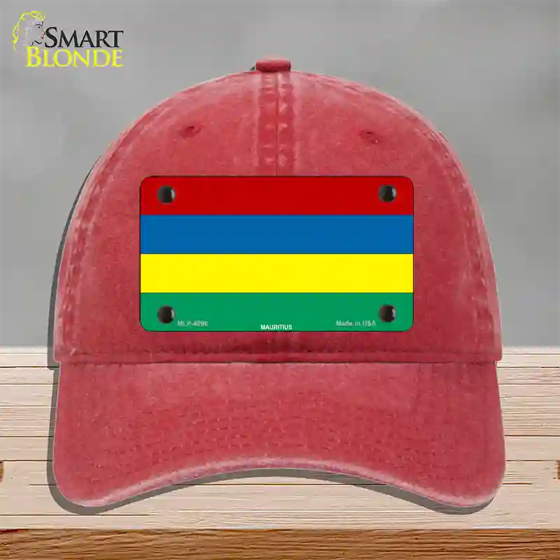 Mauritius Flag Novelty License Plate Hat Unconstructed Cotton / Red